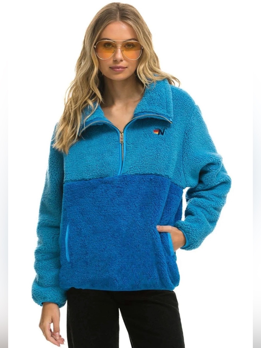 Aviator Nation TEDDY UNISEX HALF ZIP COLOR BLOCK JACKET - OCEAN